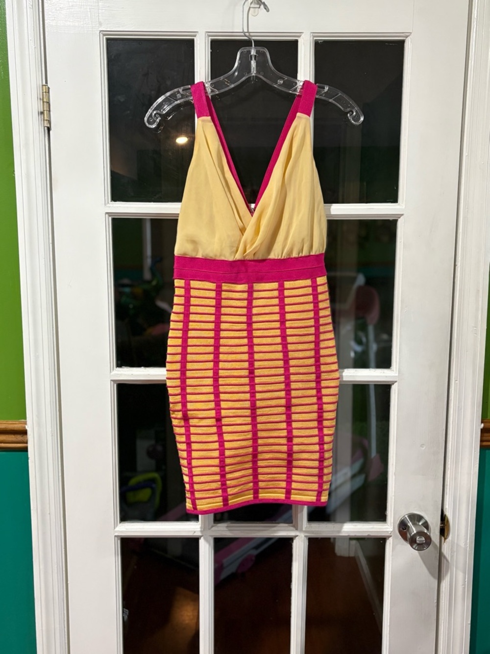 Sleeveless Yellow and Pink Striped Bodycon Dress